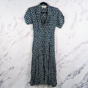 Vintage Floral Button Down Midi Dress Black Green Ditzy Pockets Size 2 Ann Tjian